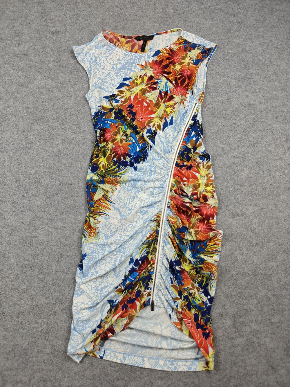 BCBGMAXAZRIA Dress Womens Medium Blue Floral Ruched Bodycon Knee Length